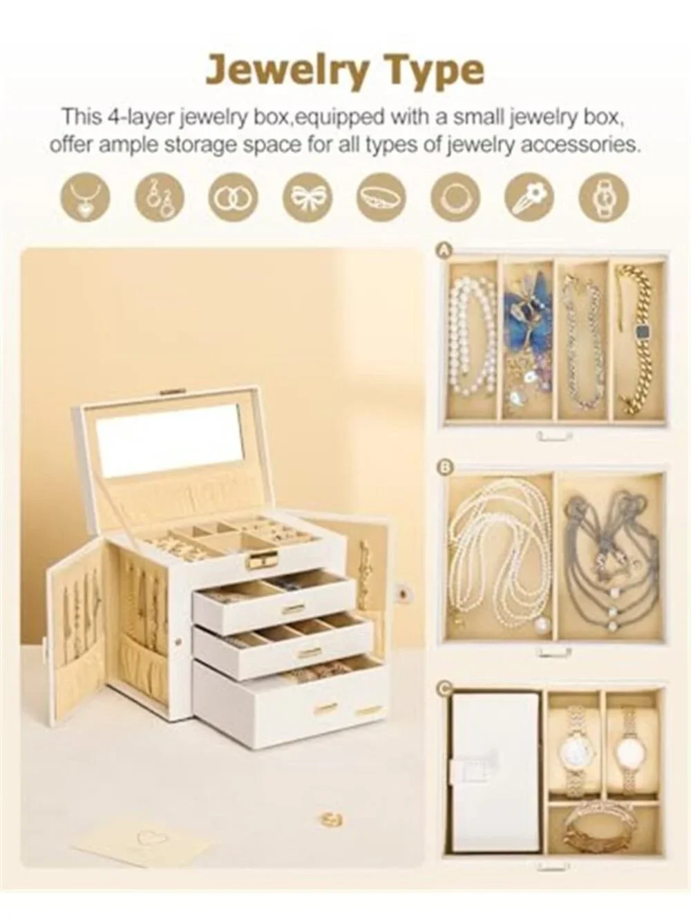 Jewelry Box Organizer With Mirror Lock Travel Case Necklace Ring Earring Storage